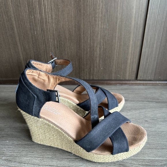Toms Sierra Spring Black Cork Wedge Strappy Sandals - Picture 2 of 5